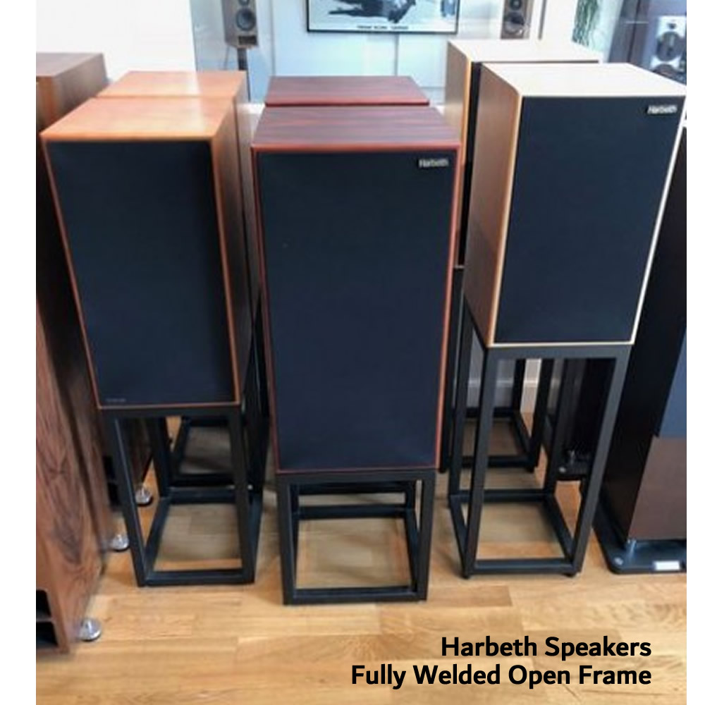 Harbeth Speakers on Custom Build Fully Welded Open Frame Speaker Stands